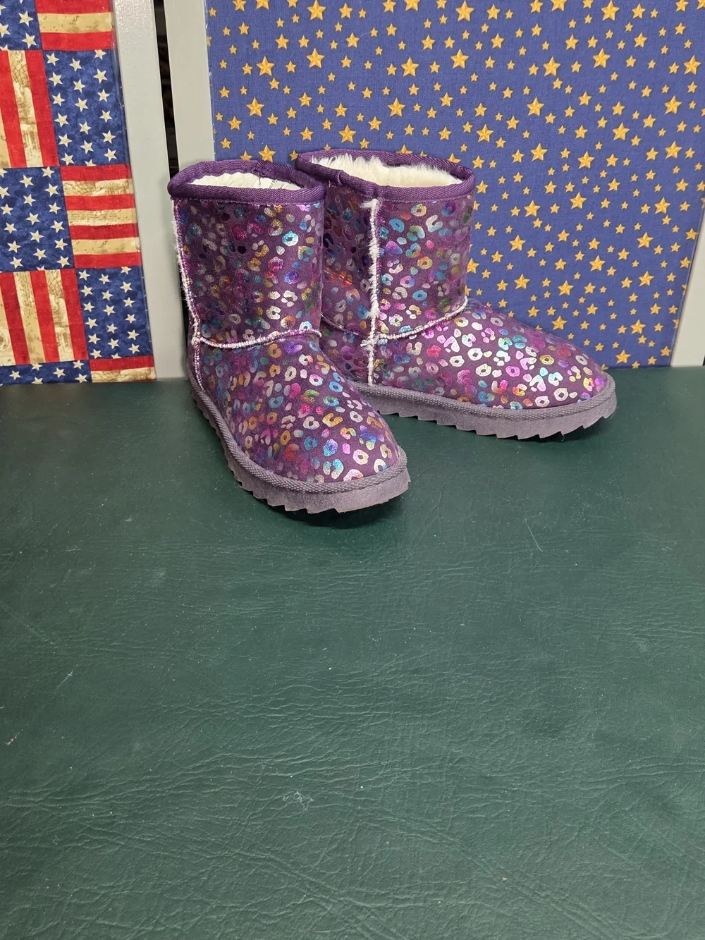**Purple Metallic Leopard Print Cozy Boots**